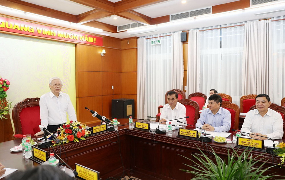 Tổng Bí thư, Chủ tịch nước Nguyễn Phú Trọng phát biểu tại buổi làm việc với Ban Thường vụ Tỉnh ủy Đắk Lắk. (Ảnh: Trí Dũng/TTXVN)