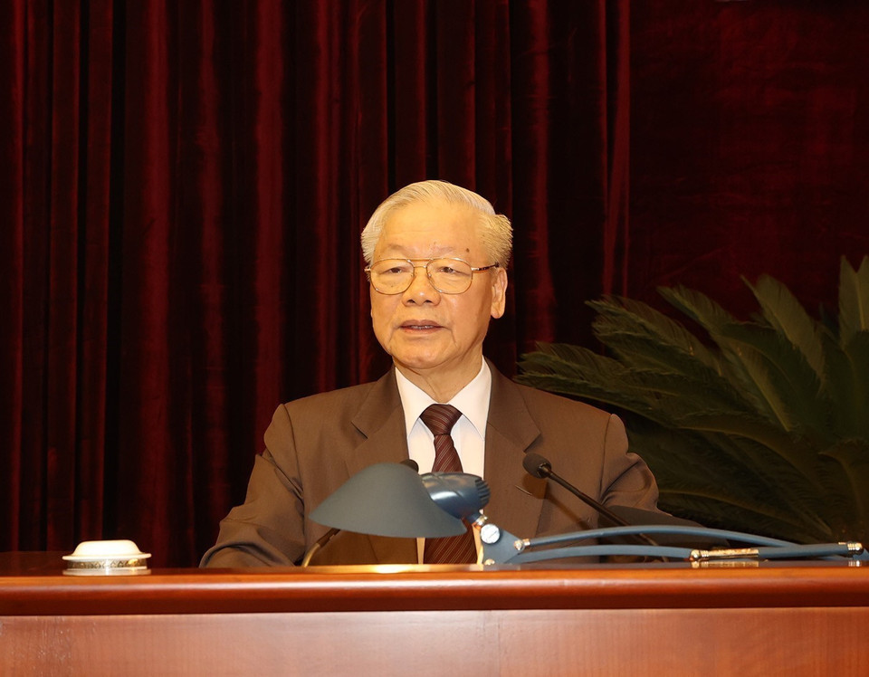 Tổng Bí thư Nguyễn Phú Trọng phát biểu kết luận hội nghị. (Ảnh: Trí Dũng/TTXVN)