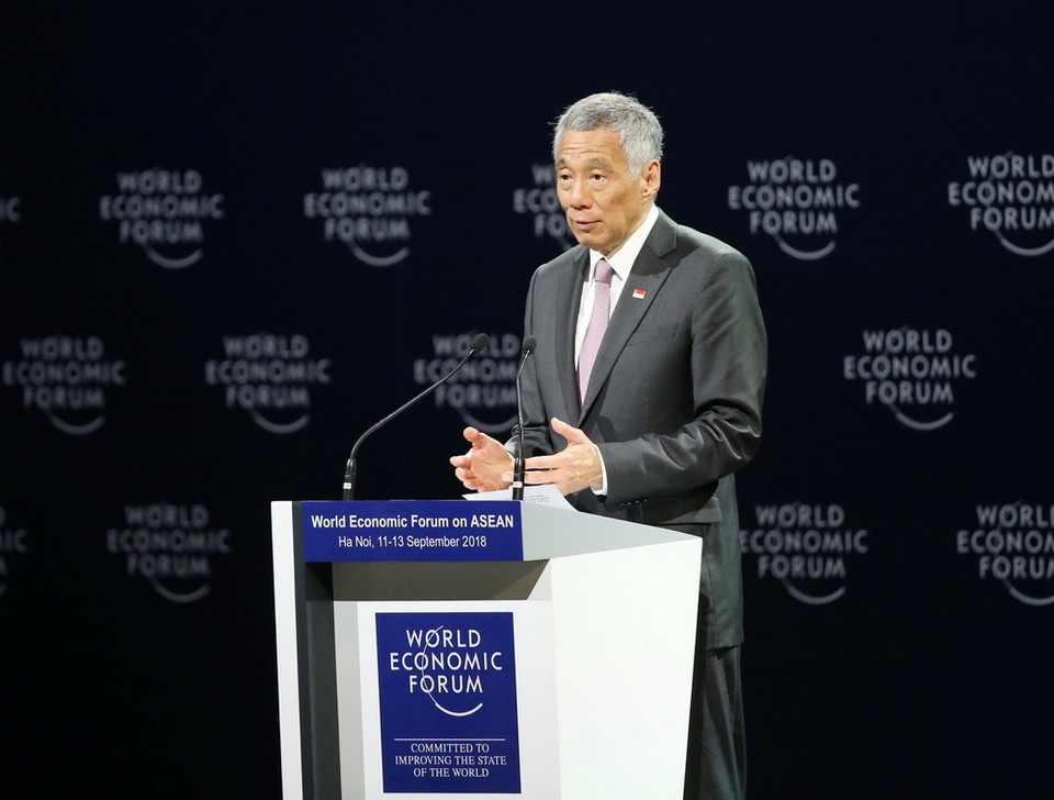 Thủ tướng Singapore Lý Hiển Long phát biểu tại Phiên khai mạc toàn thể WEF ASEAN 2018. (Ảnh: Lâm Khánh/TTXVN)