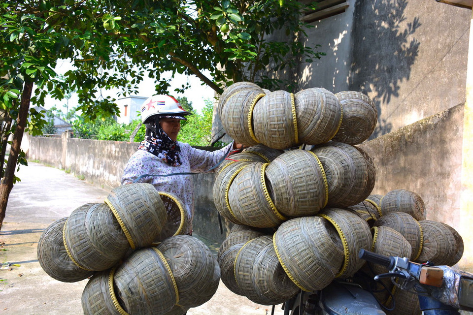 Làng nghề đan giành tích hơn 100 năm tuổi tại làng Gôi đang có nguy cơ bị mai một khi công lao động thấp, giờ chỉ toàn người già và trung tuổi theo nghề. (Ảnh Công Luật/TTXVN)