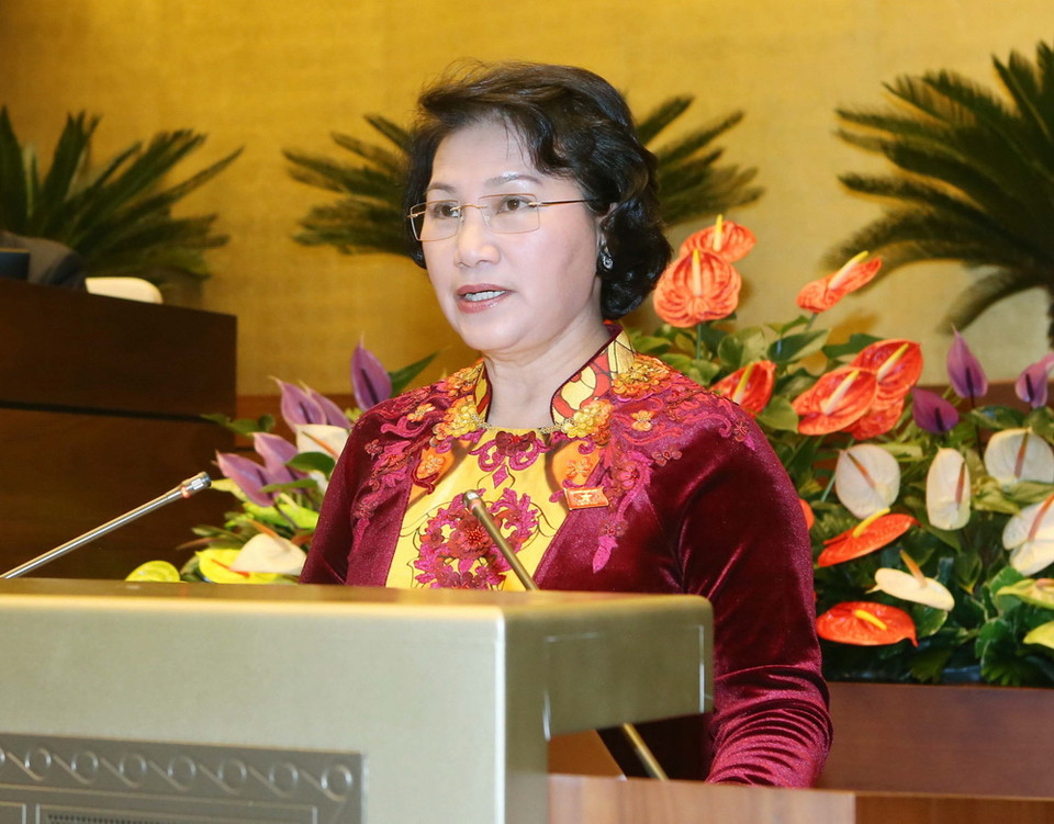 Tân Chủ tịch Quốc hội Nguyễn Thị Kim Ngân phát biểu nhậm chức. (Ảnh: Nhan Sáng/TTXVN)