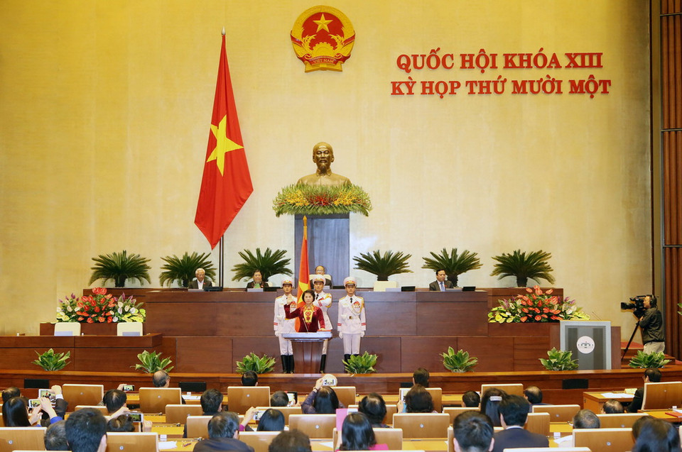 Toàn cảnh Bà Nguyễn Thị Kim Ngân tuyên thệ nhậm chức Chủ tịch Quốc hội, Chủ tịch Hội đồng bầu cử Quốc gia khóa XIII . (Ảnh: Phạm Kiên/TTXVN)