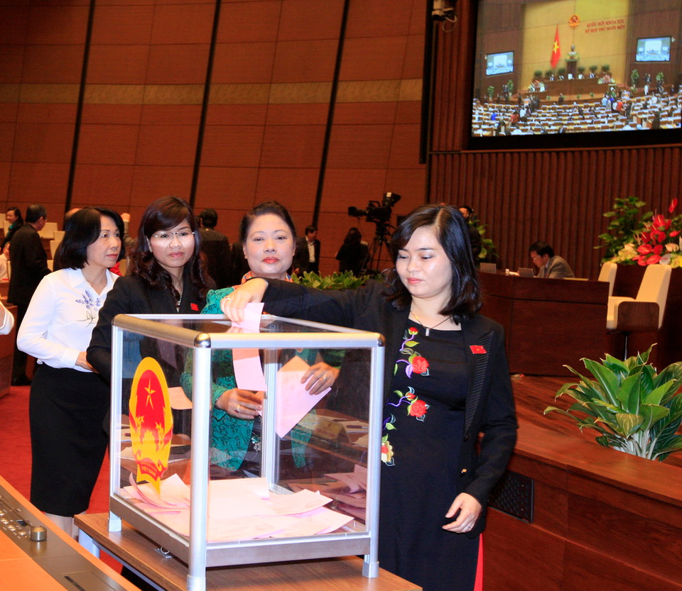 Các đại biểu Quốc hội bỏ phiếu bầu Chủ tịch Quốc hội, Chủ tịch Hội đồng Bầu cử quốc gia. (Ảnh: Thống Nhất/TTXVN)