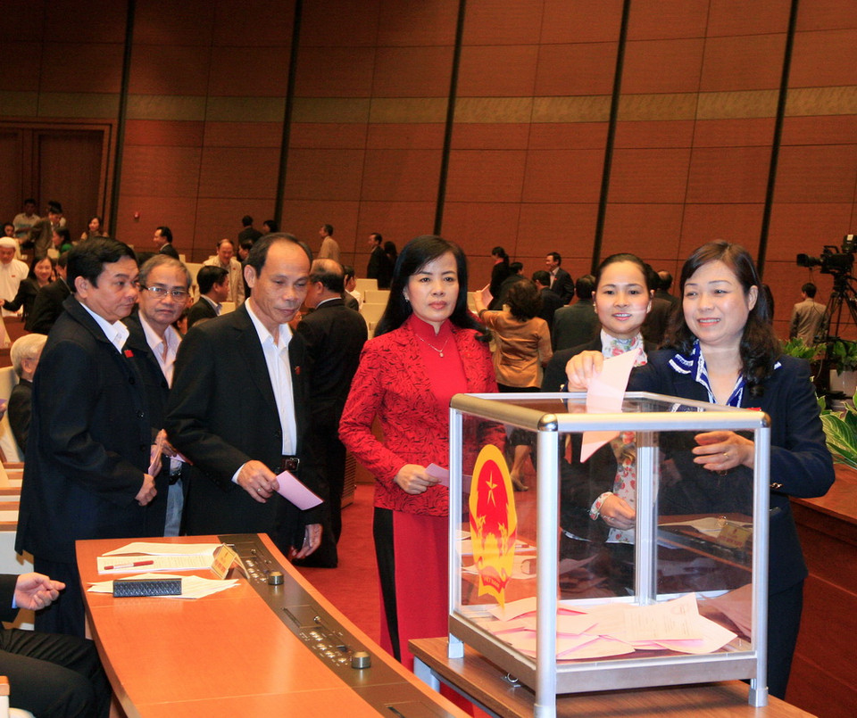 Các đại biểu Quốc hội bỏ phiếu bầu Chủ tịch Quốc hội, Chủ tịch Hội đồng Bầu cử quốc gia. (Ảnh: Thống Nhất/TTXVN)