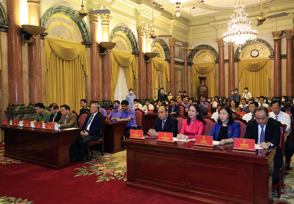 Các đại biểu dự Lễ ký Quy chế phối hợp công tác giữa Văn phòng Chủ tịch nước, Tòa án Nhân dân Tối cao và Viện Kiểm sát Nhân dân Tối cao. (Ảnh: Thống Nhất/TTXVN)