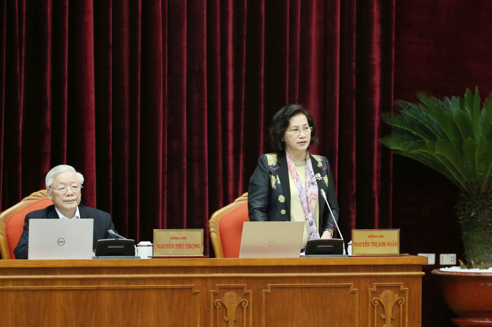 Ủy viên Bộ Chính trị, Chủ tịch Quốc hội Nguyễn Thị Kim Ngân điều hành hội nghị. (Ảnh: Phương Hoa/TTXVN)