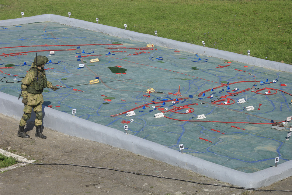 Sơ đồ mô phỏng tiến trình tập trận Zapad-2021 tại thao trường Pravdinsky. (Ảnh: Trần Hiếu/TTXVN)