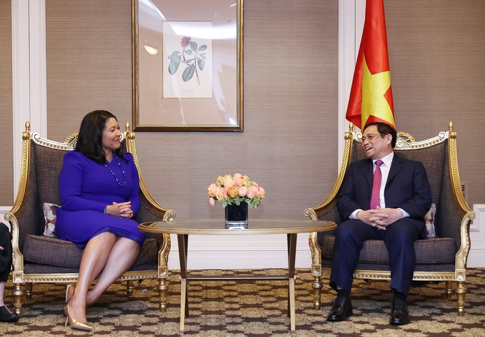 Thủ tướng Phạm Minh Chính tiếp bà London Breed, Thị trưởng thành phố San Francisco. (Ảnh: Dương Giang/TTXVN)
