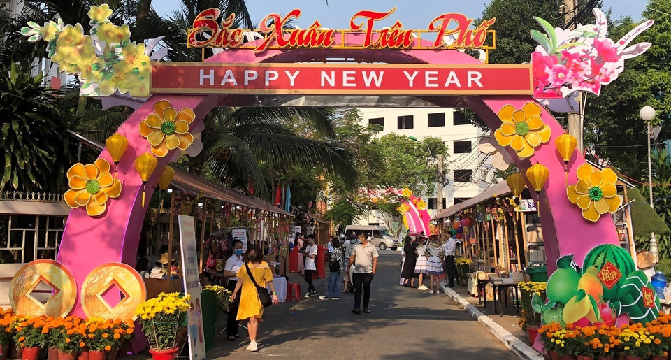 Không gian Chương trình 'Sắc Xuân trên phố 2021.' (Ảnh: Ánh Tuyết/TTXVN)