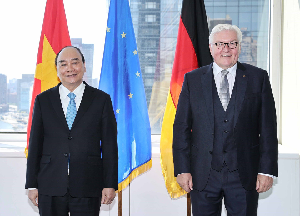 Chủ tịch nước Nguyễn Xuân Phúc gặp Tổng thống Đức Frank-Walter Steinmeier. (Ảnh: Thống Nhất/TTXVN)