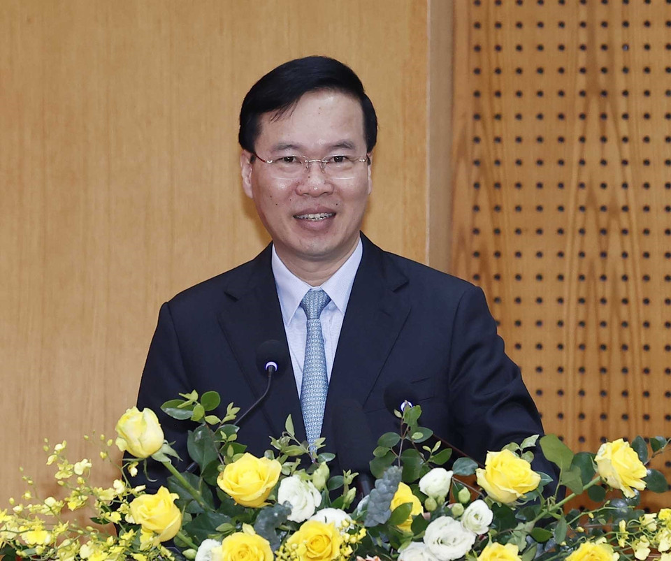 Chủ tịch nước Võ Văn Thưởng phát biểu tại cuộc gặp gỡ lãnh đạo và cán bộ, chiến sỹ Cục Gìn giữ hòa bình Việt Nam. (Ảnh: Thống Nhất/TTXVN)