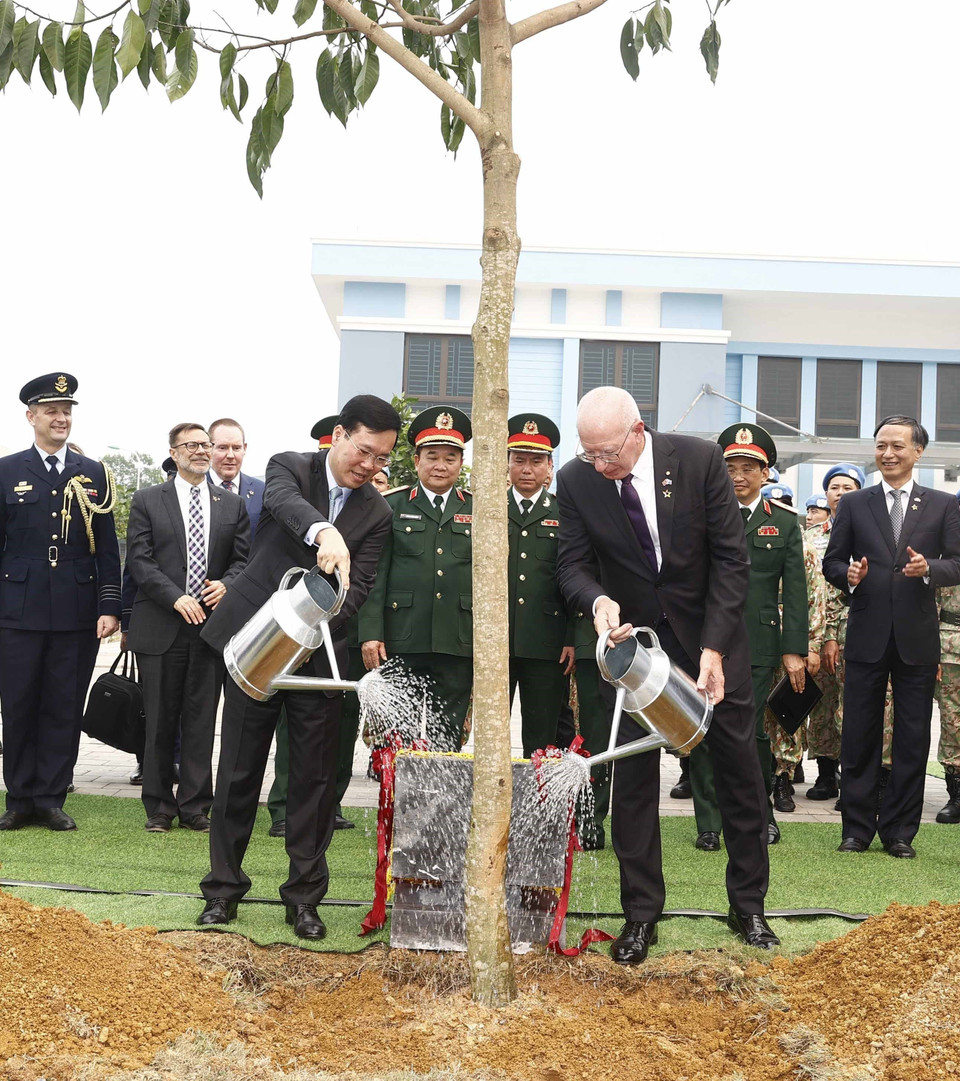 Chủ tịch nước Võ Văn Thưởng và Toàn quyền Australia David Hurley trồng cây lưu niệm tại khuôn viên trụ sở Cục Gìn giữ hòa bình Việt Nam. (Ảnh: Thống Nhất/TTXVN)
