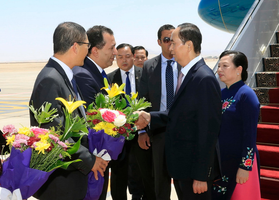  Các quan chức chính quyền tỉnh Luxor đón Chủ tịch nước Trần Đại Quang và Phu nhân tại Sân bay quốc tế Luxor. (Ảnh: Nhan Sáng/TTXVN)