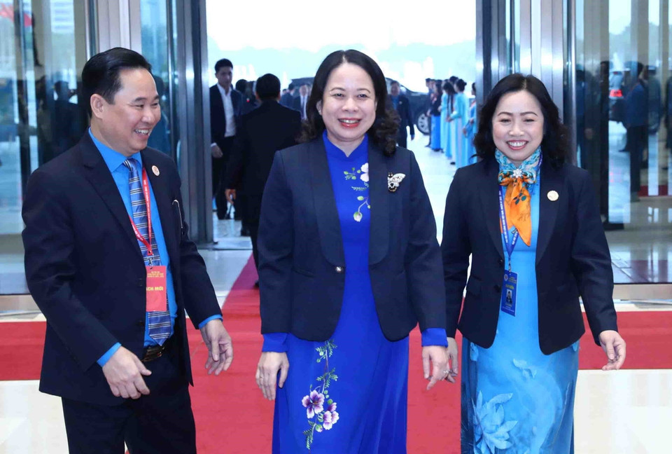 Phó Chủ tịch nước Võ Thị Ánh Xuân đến dự Phiên trọng thể Đại hội XIII Công đoàn Việt Nam. (Ảnh: Minh Đức/TTXVN)