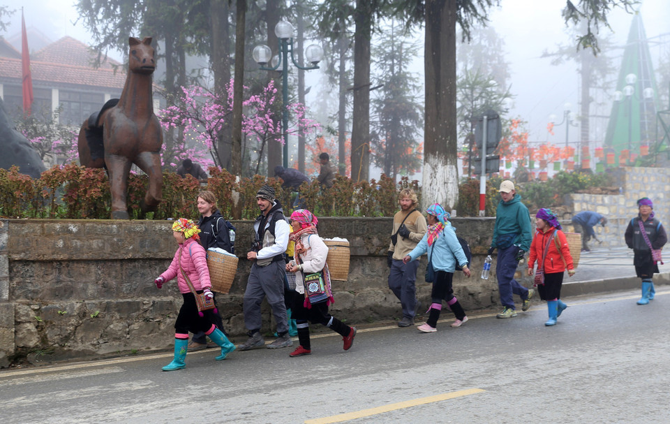Khách du lịch quốc tế thích thú với thời tiết và khung cảnh tại Khu du lịch quốc gia Sa Pa. (Ảnh: Quốc Khánh/TTXVN)