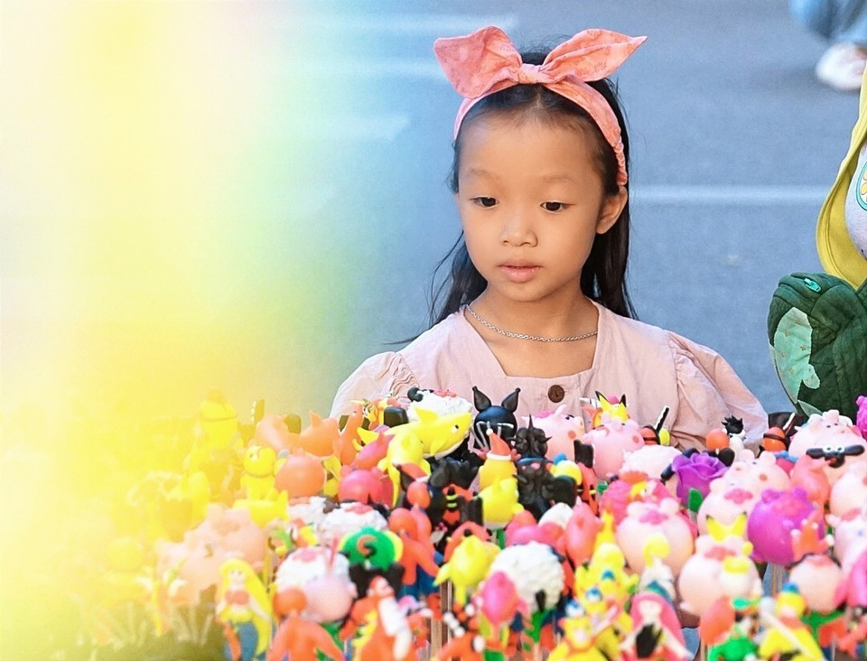 Các sản phẩm từ Tò he (con giống bột Phú Xuyên) với tạo hình ngộ nghĩnh cùng màu sắc sặc sỡ luôn thu hút sự chú ý của các bạn nhỏ. (Ảnh: Khánh Hoà/TTXVN)
