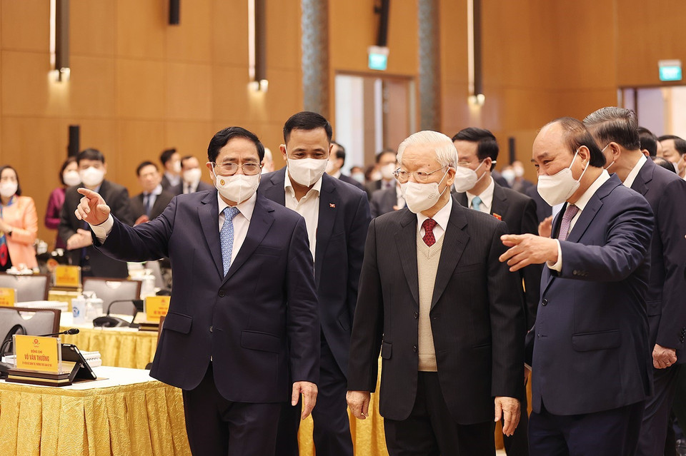 Tổng Bí thư Nguyễn Phú Trọng, Chủ tịch nước Nguyễn Xuân Phúc đến dự hội nghị. (Ảnh: Dương Giang/TTXVN)