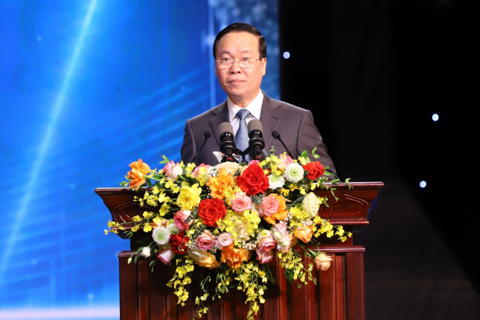 Ủy viên Bộ Chính trị, Chủ tịch nước Võ Văn Thưởng phát biểu khai mạc Lễ trao Giải Báo chí Quốc gia lần thứ XVII năm 2022. (Ảnh: Hoài Nam/Vietnam+)