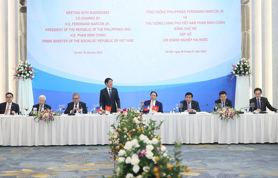 Tổng thống Philippines Ferdinand Marcos Jr. phát biểu tại cuộc gặp gỡ doanh nghiệp Việt Nam và Philippines. (Ảnh: Dương Giang/TTXVN)