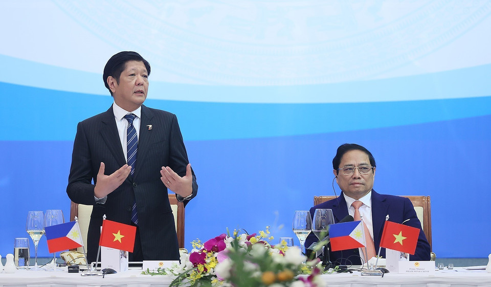 Tổng thống Philippines Ferdinand Marcos Jr. phát biểu tại cuộc gặp gỡ doanh nghiệp hai nước Việt Nam và Philippines. (Ảnh: Dương Giang/TTXVN)