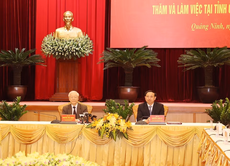 Tổng Bí thư Nguyễn Phú Trọng tại buổi làm việc với Ban Thường vụ Tỉnh ủy và lãnh đạo chủ chốt tỉnh Quảng Ninh.(Ảnh: Trí Dũng/TTXVN)
