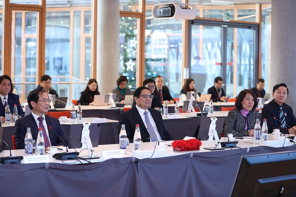 Thủ tướng Phạm Minh Chính phát biểu tại buổi làm việc với Ngân hàng Đầu tư châu Âu. (Ảnh: Dương Giang/TTXVN)