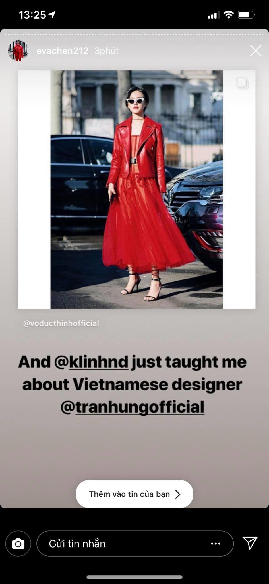 Eva đã chia sẻ luôn lên trang cá nhân bộ váy đỏ rực của Khánh Linh đồng thời không quên tag chính instagram của nhà thiết kế Trần Hùng vào story này. Điều đó đã cho thấy giới chuyên môn thời trang thế giới cũng đánh giá cao về thiết kế cũng như phong cách của các nhà thiết kế Việt. Eva Chen từng là Tổng biên tập trẻ tuổi nhất của tạp chí Lucky. (Ảnh: CTV/Vietnam+)