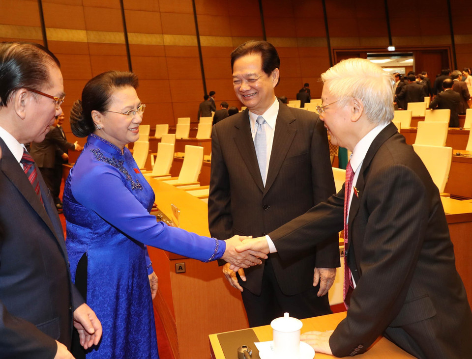 Chủ tịch Quốc hội Nguyễn Thị Kim Ngân với Tổng Bí thư, Chủ tịch nước Nguyễn Phú Trọng cùng nhiều đồng chí lãnh đạo, nguyên lãnh đạo Đảng, Nhà nước dự phiên bế mạc. (Ảnh: Trọng Đức/TTXVN)