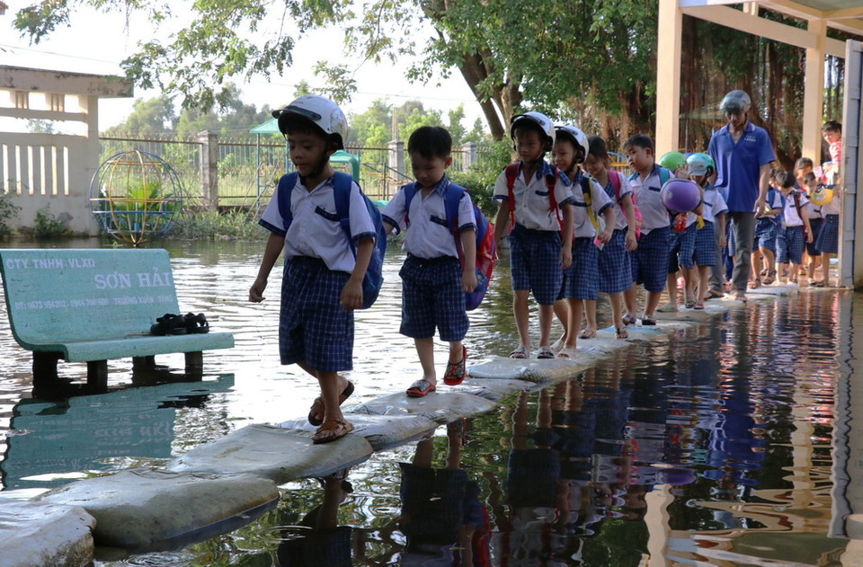 Sân trường Tiểu học Vĩnh Đại (Tân Hưng) ngập trong nước lũ, phụ huynh và giáo viên phải dùng bao cát đắp đường cho các em học sinh đi lại. (Ảnh: Bùi Giang/TTXVN)