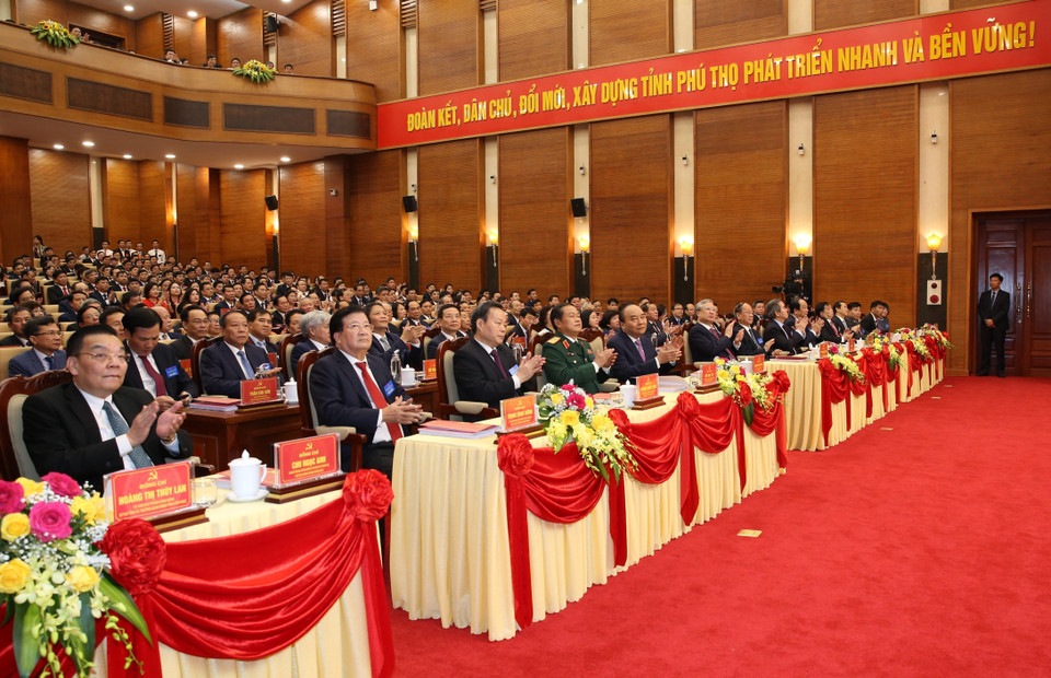 Thủ tướng Nguyễn Xuân Phúc và các lãnh đạo Đảng, Nhà nước dự Đại hội. (Ảnh: Dương Giang/TTXVN)