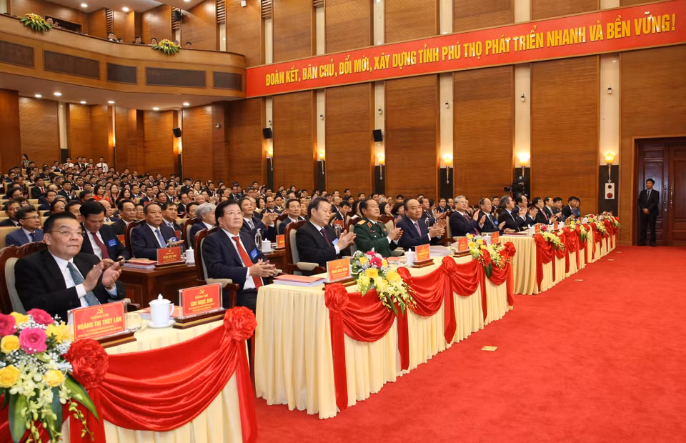 Thủ tướng Nguyễn Xuân Phúc và các lãnh đạo Đảng, Nhà nước dự Đại hội. (Ảnh: Dương Giang/TTXVN)