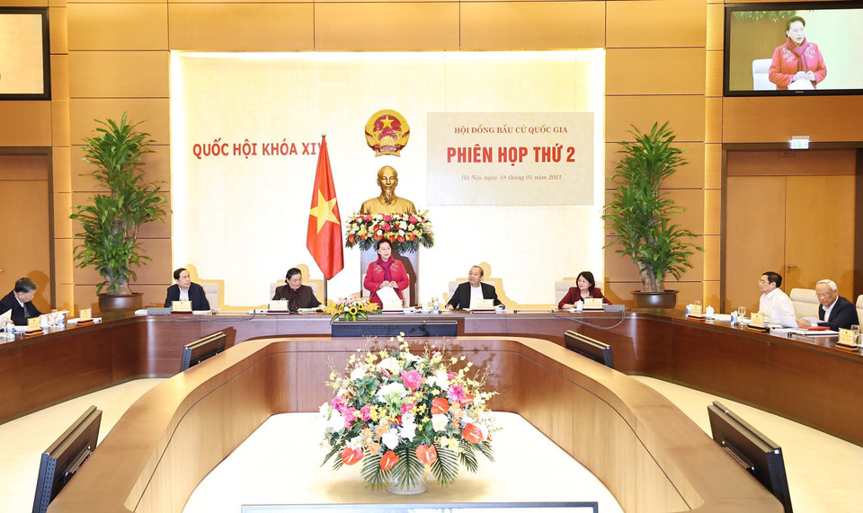 Chủ tịch Quốc hội Nguyễn Thị Kim Ngân, Chủ tịch Hội đồng bầu cử Quốc gia phát biểu khai mạc. (Ảnh: Trọng Đức/TTXVN)