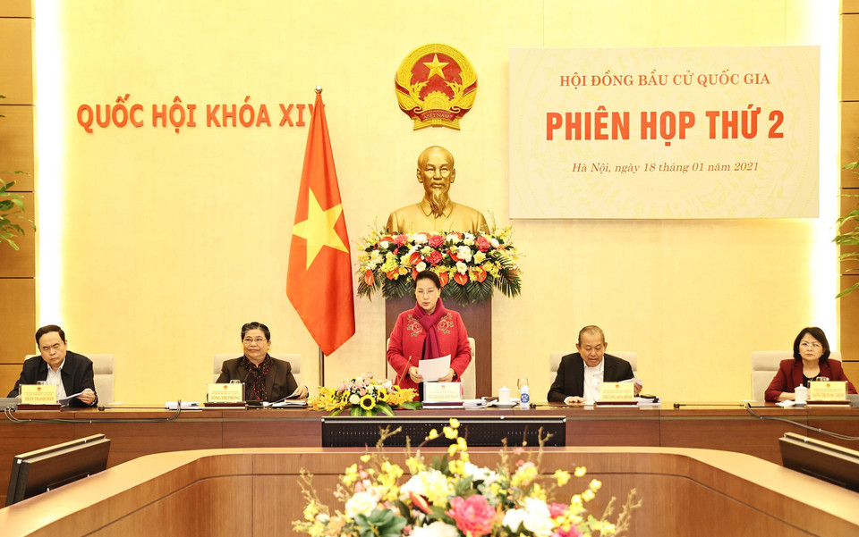 Chủ tịch Quốc hội Nguyễn Thị Kim Ngân, Chủ tịch Hội đồng bầu cử Quốc gia phát biểu khai mạc. (Ảnh: Trọng Đức/TTXVN)