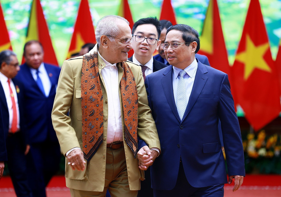 Thủ tướng Phạm Minh Chính và Tổng thống Timor-Leste Jose Ramos-Horta. (Ảnh: Dương Giang/TTXVN)