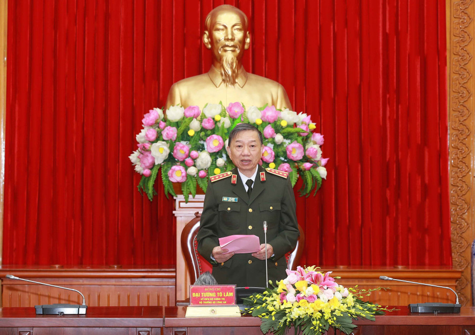 Đại tướng Tô Lâm, Ủy viên Bộ Chính trị, Bộ trưởng Bộ Công an phát biểu. (Ảnh: Doãn Tấn/TTXVN)