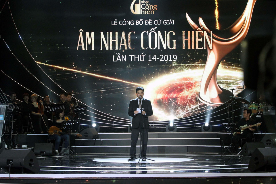 Ông Lê Xuân Thành, Tổng Biên tập Báo Thể thao &amp; Văn hóa-Thông tấn xã Việt Nam phát biểu khai mạc lễ trao giải thưởng Âm nhạc Cống hiến lần thứ 14-năm 2019. (Ảnh: Thanh Vũ/TTXVN)