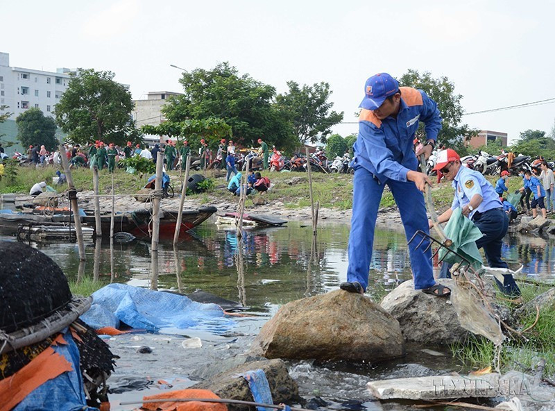 Các lực lượng quần chúng của Đà Nẵng ra quân dọn vệ sinh môi trường biển. (Ảnh: Văn Dũng/TTXVN)
