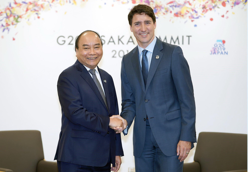 Thủ tướng Nguyễn Xuân Phúc gặp Thủ tướng Canada Justin Trudeau. (Ảnh: Thống Nhất/TTXVN)
