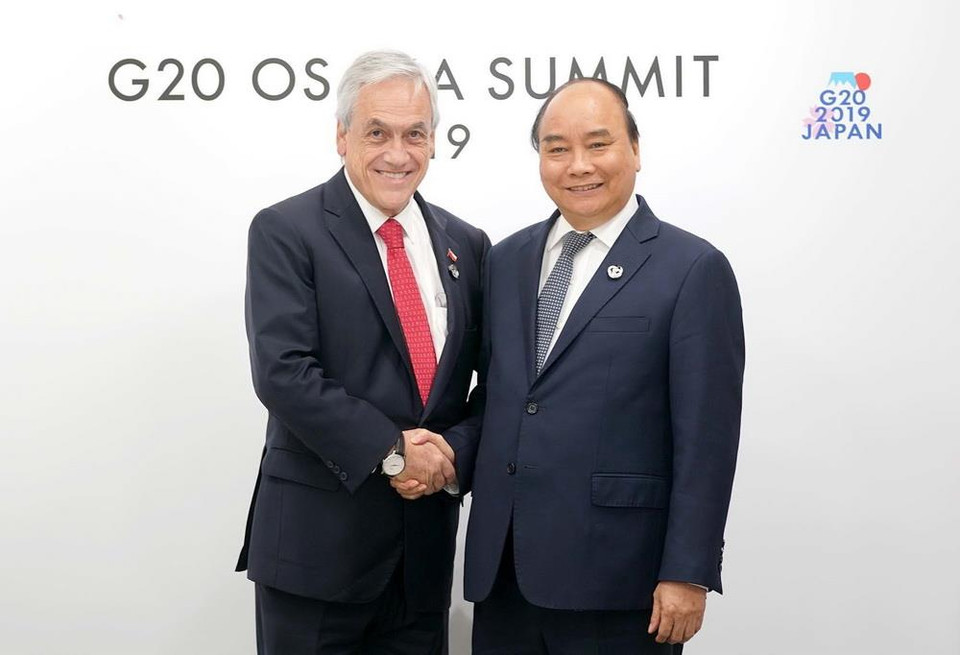 Thủ tướng Nguyễn Xuân Phúc gặp Tổng thống Cộng hòa Chile Sebastián Piñera. (Ảnh: Thống Nhất/TTXVN)