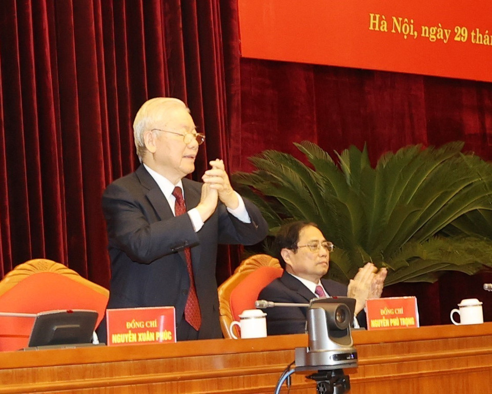 Tổng Bí thư Nguyễn Phú Trọng cùng các lãnh đạo Đảng và Nhà nước chủ trì hội nghị. (Ảnh: Trí Dũng/TTXVN)