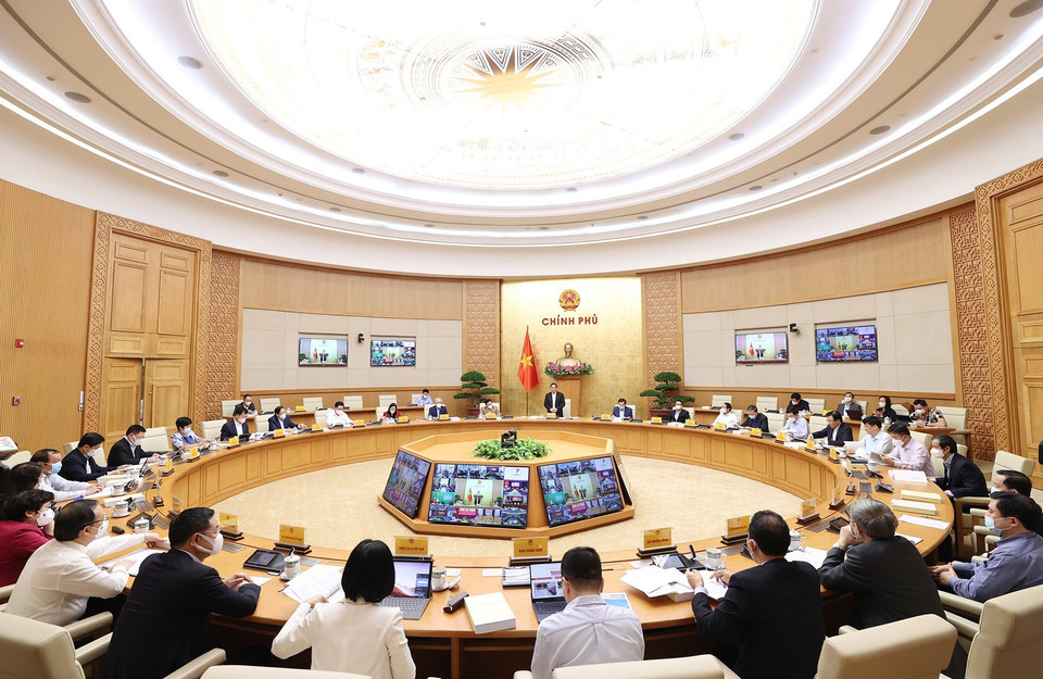 Quang cảnh hội nghị tại điểm cầu Chính phủ. (Ảnh: Dương Giang/TTXVN)