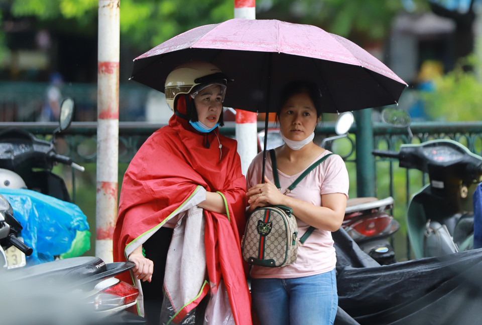 Các bậc phụ huynh 'trang bị' đầy đủ mũ áo, ô dù, sẵn sàng đồng hành cùng con bất chấp mọi điều kiện thời tiết. (Ảnh: PV/Vietnam+)
