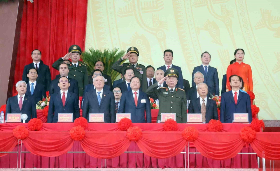 Các lãnh đạo, nguyên lãnh đạo Đảng và Nhà nước tham dự lễ kỷ niệm. (Ảnh: Lâm Khánh/TTXVN)