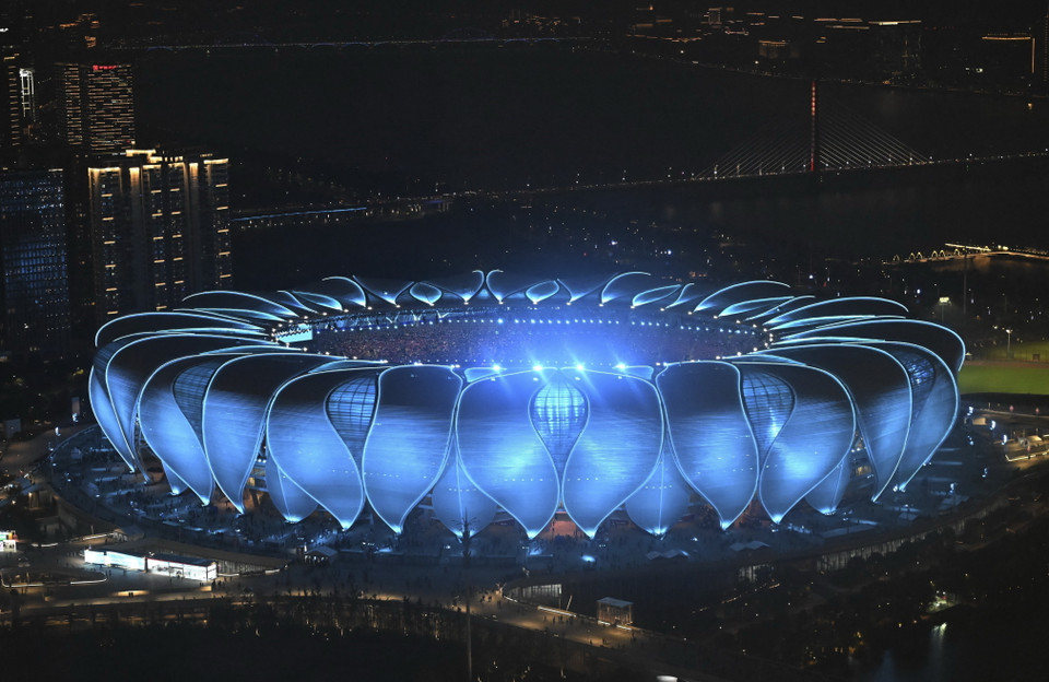 Quang cảnh Sân vận động Olympic Hàng Châu (Trung Quốc) trước Lễ Bế mạc ASIAD 2023, ngày 8/10. (Ảnh: THX/TTXVN)