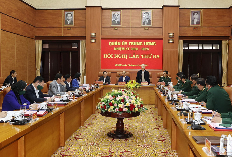 Tổng Bí thư Nguyễn Phú Trọng, Bí thư Quân ủy Trung ương phát biểu kết luận hội nghị. (Ảnh: Trí Dũng/TTXVN)