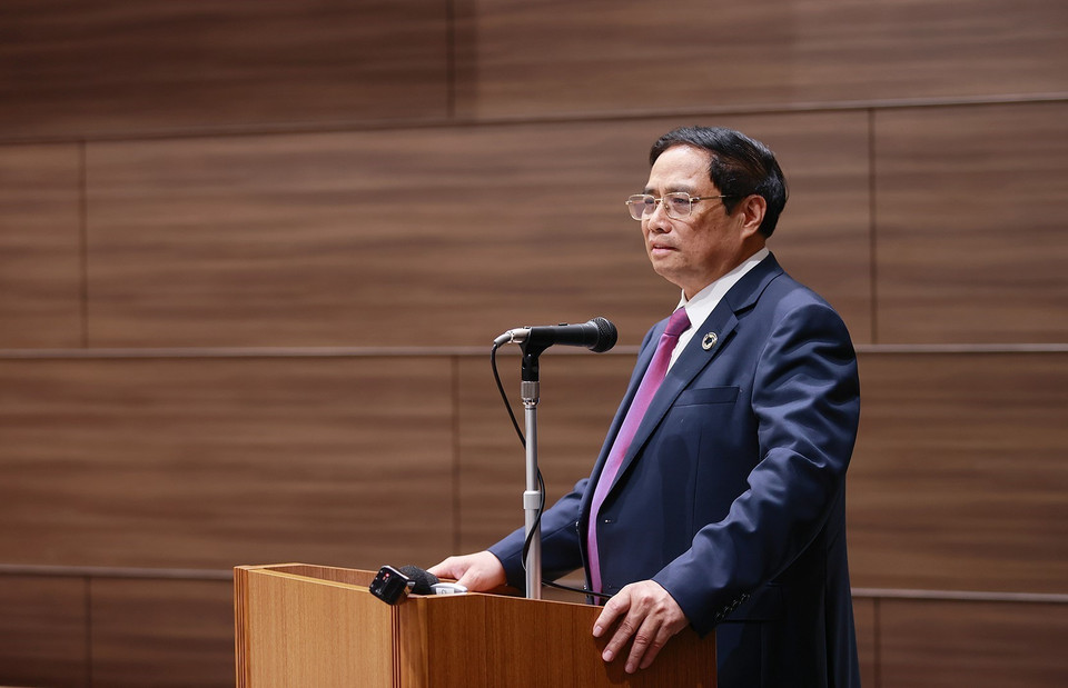 Thủ tướng Phạm Minh Chính phát biểu tại Tọa đàm kinh doanh Việt Nam-Nhật Bản. (Ảnh: Dương Giang/TTXVN)