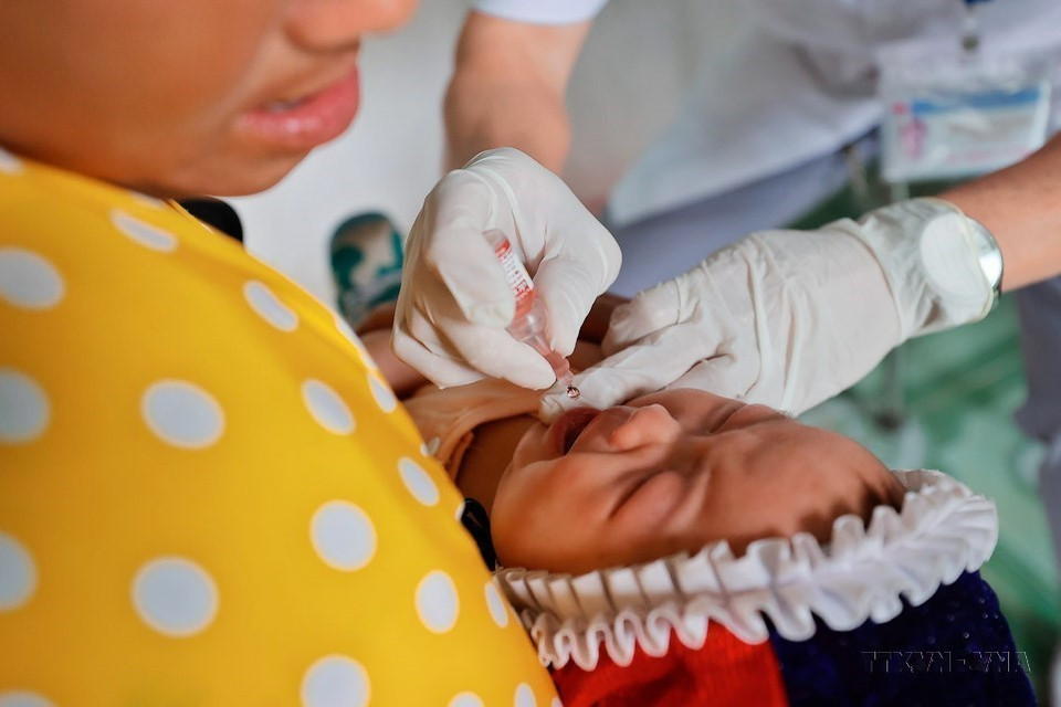 Nhân viên y tế cho trẻ uống vaccine tại điểm tiêm vaccine xã Lũng Cú (huyện Đồng Văn, tỉnh Hà Giang). (Ảnh: Minh Quyết/TTXVN)