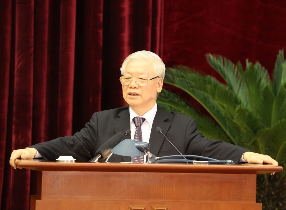 Tổng Bí thư, Chủ tịch nước Nguyễn Phú Trọng phát biểu bế mạc Hội nghị. (Ảnh: Trí Dũng/TTXVN)