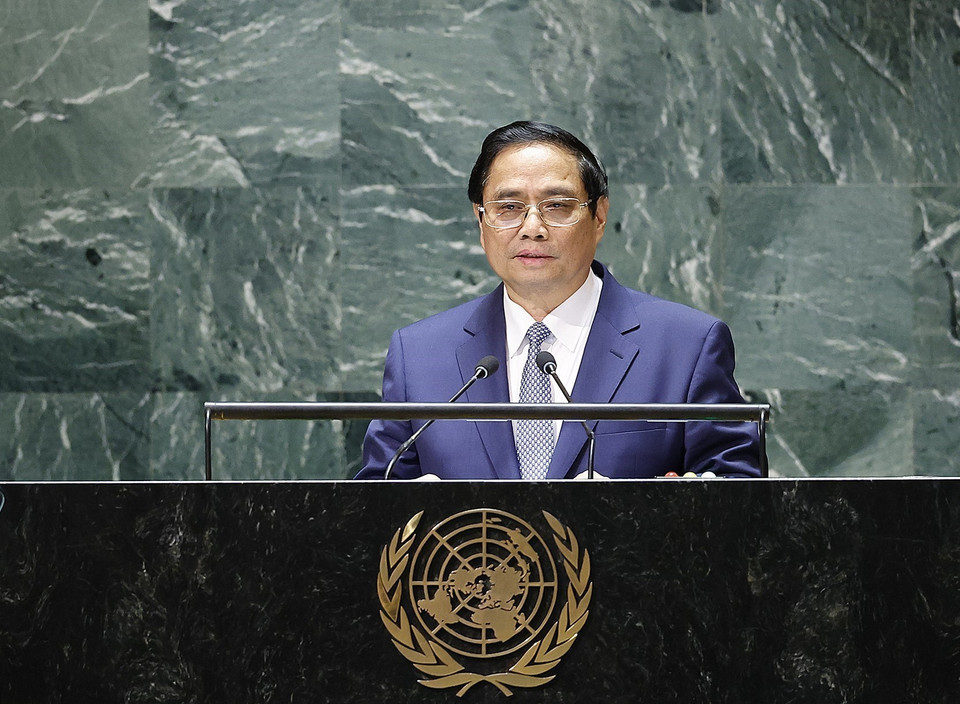 Thủ tướng Phạm Minh Chính phát biểu tại Phiên thảo luận chung cấp cao Khóa 78 Đại Hội đồng Liên hợp quốc. (Ảnh: Dương Giang/TTXVN)