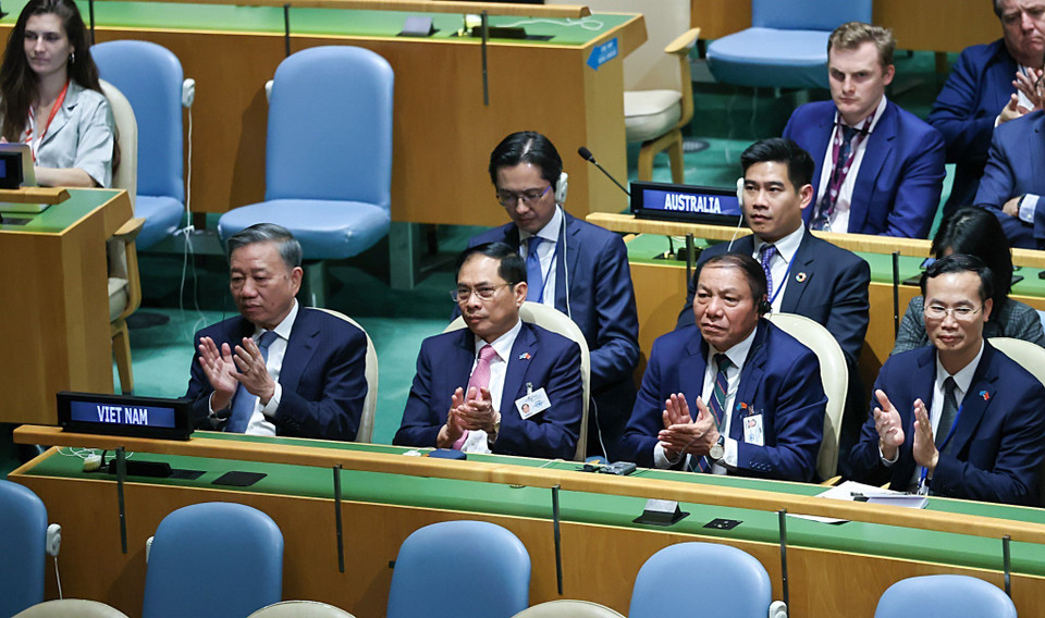 Đoàn Việt Nam tham dự Phiên thảo luận chung cấp cao Khóa 78 Đại Hội đồng Liên hợp quốc. (Ảnh: Dương Giang/TTXVN)